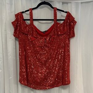 Cable & Gauge Red Sequin Cold Shoulder Blouse